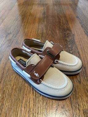 Ralph Lauren Tan Canvas and Brown Leather Boys' Boat Shoes - never worn